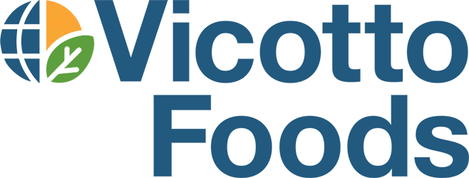 Vicotto Logo mit Bildzeichen Sonne, Globus und Blatt sowie blauem Schriftzug "Vicotto Foods"